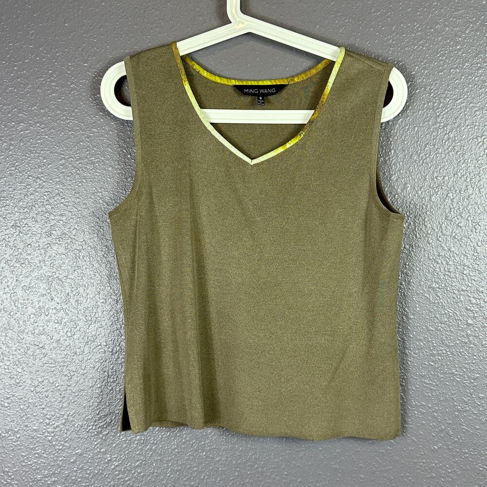 Ming Wang Sleeveless Knit Top V Neck Acrylic Size Small Taupe Tan